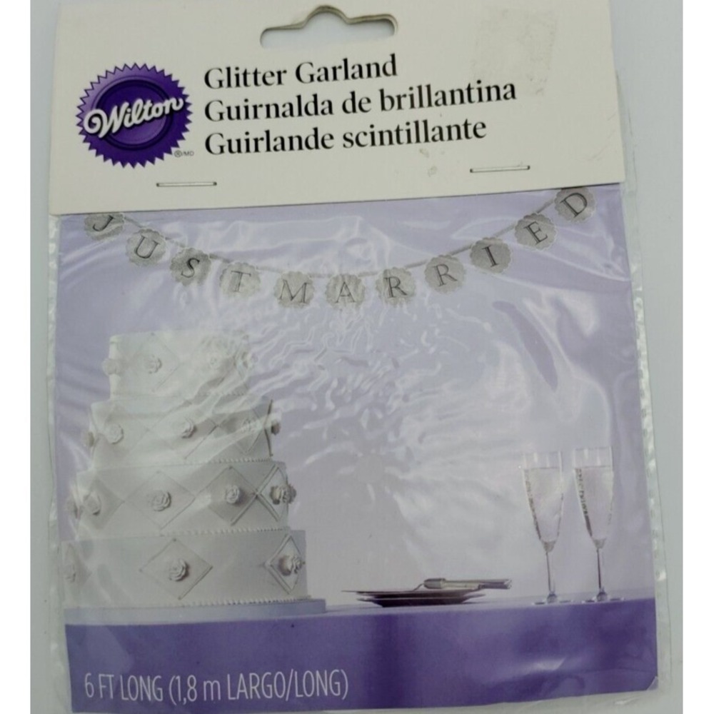 "Just‎ Married" Banner 6ft Wilton Silver Glitter Wedding Party Ribbon Pre-Strung